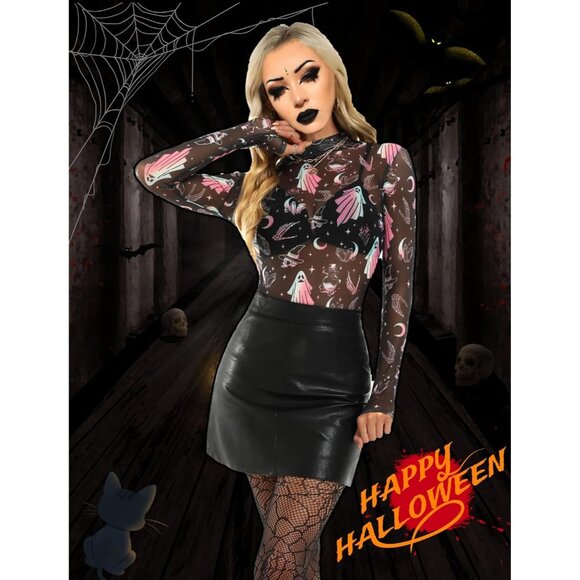 Women Black Specter Long Sleeve Mock Neck Fitted Sexy See Through Mesh Tops - Picture 4 of 7